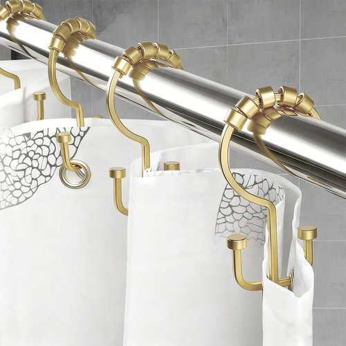 BBV Shower Curtain Hooks Rings, 12 Pcs Rust Resistant Metal Double Glide Shower Hooks for Bathroom Shower Rods Curtains (Gold)