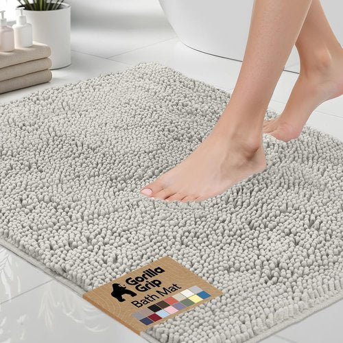 GORILLA GRIP Bath Rug Mat 48x17, Soft Absorbent Chenille, Quick Dry Microfiber Mats, Rubber Backing Washable Shower Floor Rugs, Bathmat Runner, US Designed Bathroom Home Decor Accessories Light Gray