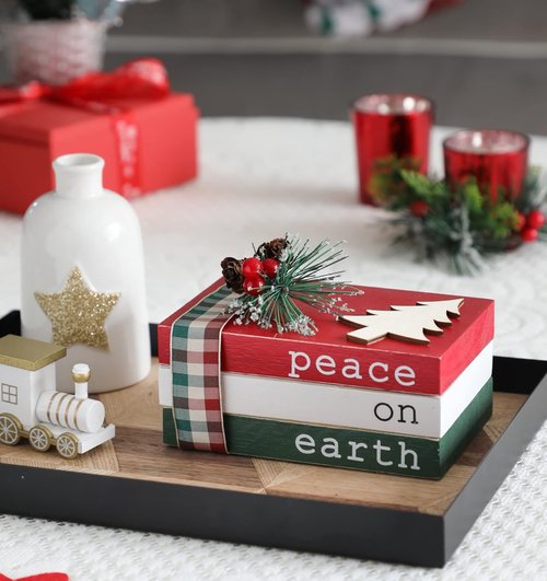 Christmas Wood Book Stack - Mini Faux Decorative Books with Pine Berry | Farmhouse Tiered Tray Decor