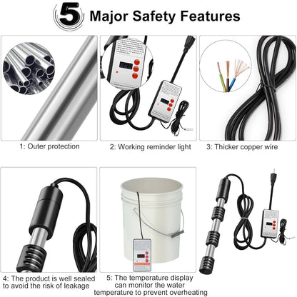 Skiennix 1500W Immersion Water Heater - Portable 304SS Submersible Heater with Digital Timer & Auto Shut-Off