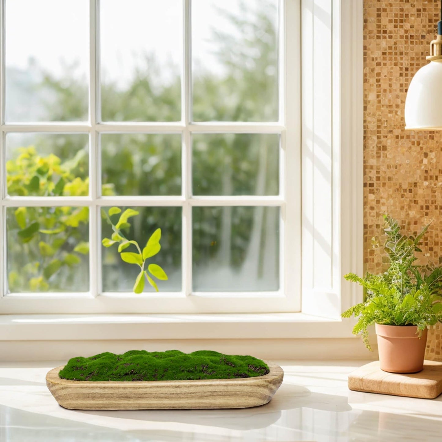 NAHARO Moss Wood Bowl,Natural Oblong Decorative Dough Bowl, Artificial Moss Bowl Centerpiece for Wedding Table Centerpiece, Home Decoration, Living Room, Office, No Maintenance