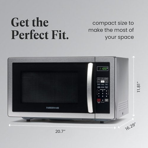 Farberware 1.1 Cu. Ft. Microwave Oven - 1000 Watts, Auto Cook, Defrost & Child Safety Lock | Stainless Steel