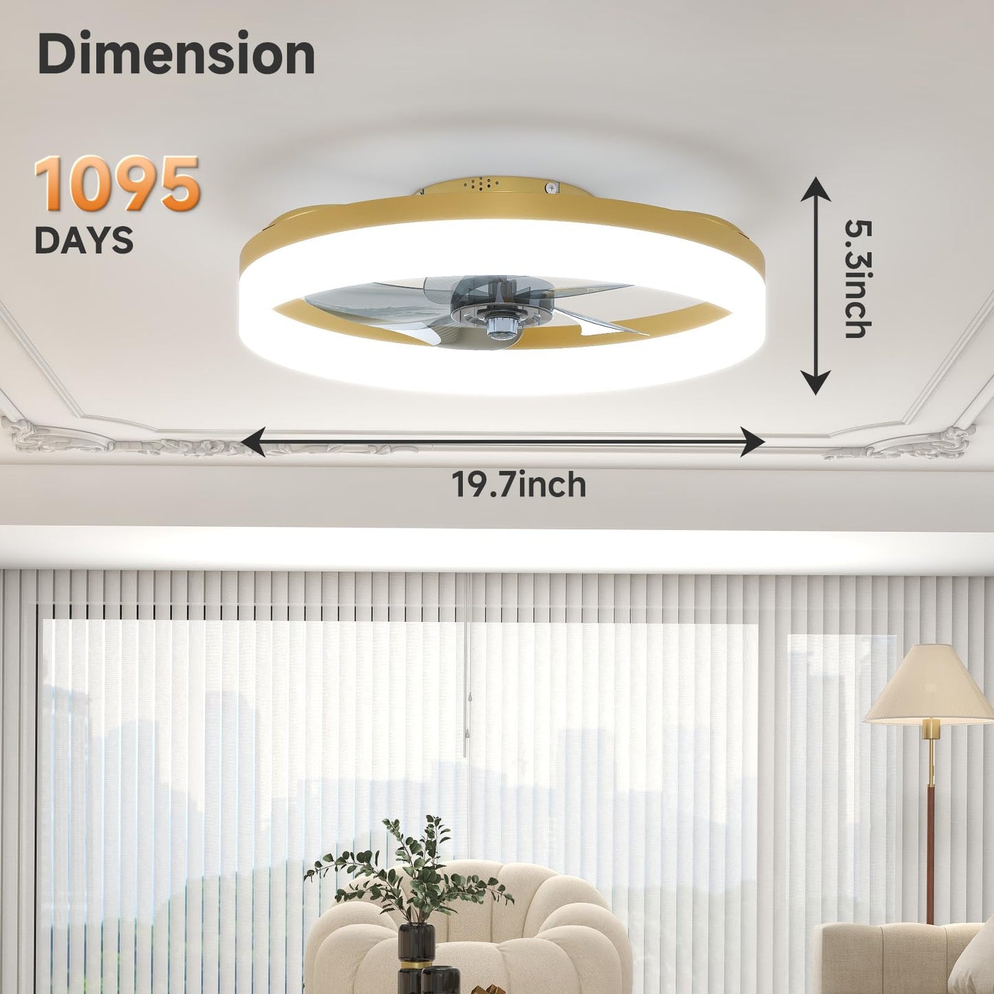 VOLISUN Low Profile Ceiling Fans with Lights and Remote, 19.7in Fandelier Ceiling Fan with Light, 3000K-6500K Dimmable Bladeless LED Fan Light, Gold Flush Mount Ceiling Fans with Lights for Bedroom