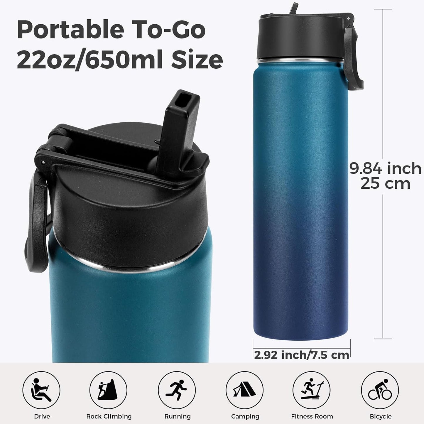Neihepal Insulated Water Bottle - 22 Oz Double Walled Stainless Steel with Straw Lid | Leak Proof, Dark Night