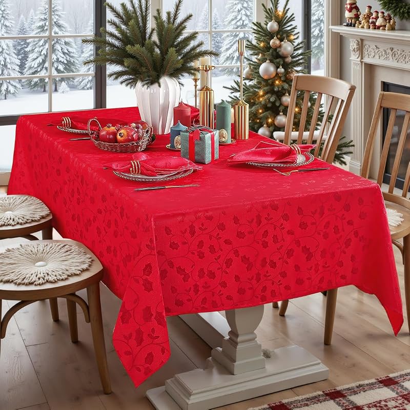 Christmas Tablecloth 60" x 102" Rectangle - Red Jacquard Holly Leaves Spill-Proof
