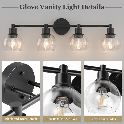 Espird 4 Lights Bathroom Vanity Light Fixtures Black, Bathroom Lights Over Mirror, Industrial and Farmhouse 4 Lights Wall Sconce, Matte Black Globe Vanity Lighting Fixtures
