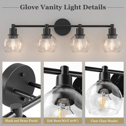 Espird 4 Lights Bathroom Vanity Light Fixtures Black, Bathroom Lights Over Mirror, Industrial and Farmhouse 4 Lights Wall Sconce, Matte Black Globe Vanity Lighting Fixtures
