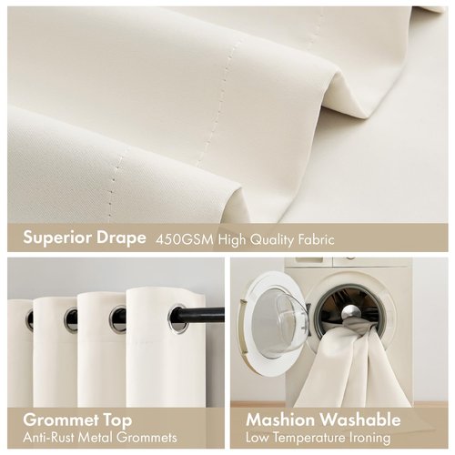 MIULEE Cream 100% Blackout Curtains for Bedroom 63 Inch Long, 2 Thick Layers Thermal Insulated Black Out Window Curtains with Black Liner, Noise Reducing Grommet Living Room Drapes 2 Panels Set Ivory