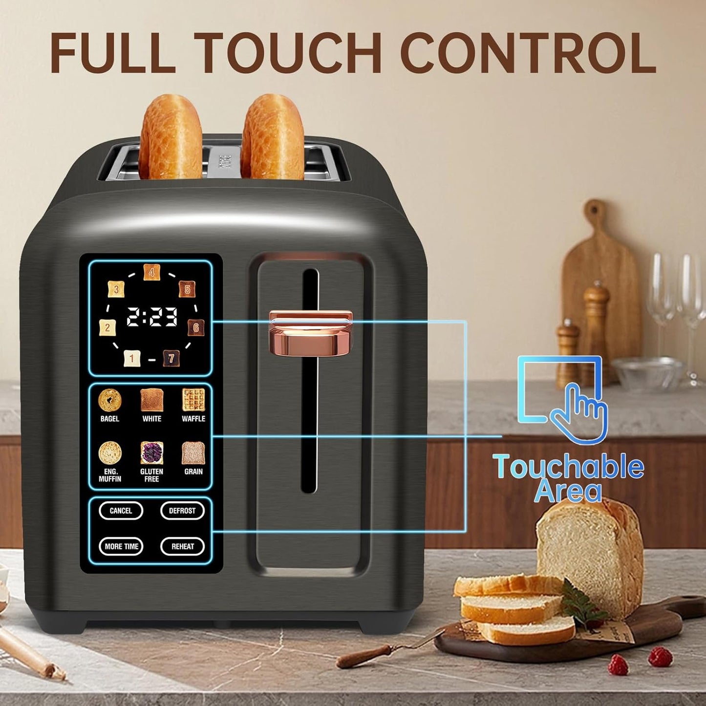 SEEDEEM 2-Slice Toaster - Touch Control LCD Display, 50% Faster Heating, 1.4'' Wide Slots, Dark Metallic