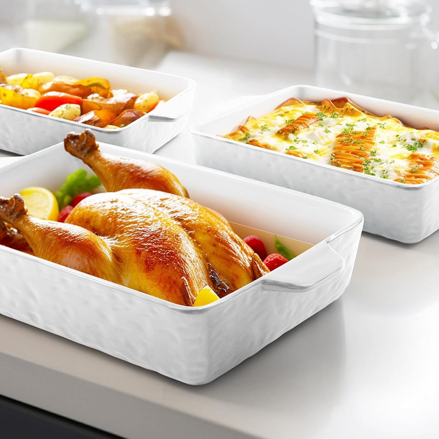 Regine Switzerland Casserole Dishes - Ceramic Baking Pan Set of 3 with Handles | Deep Porcelain Bakeware (11.6" x 7.8", White)