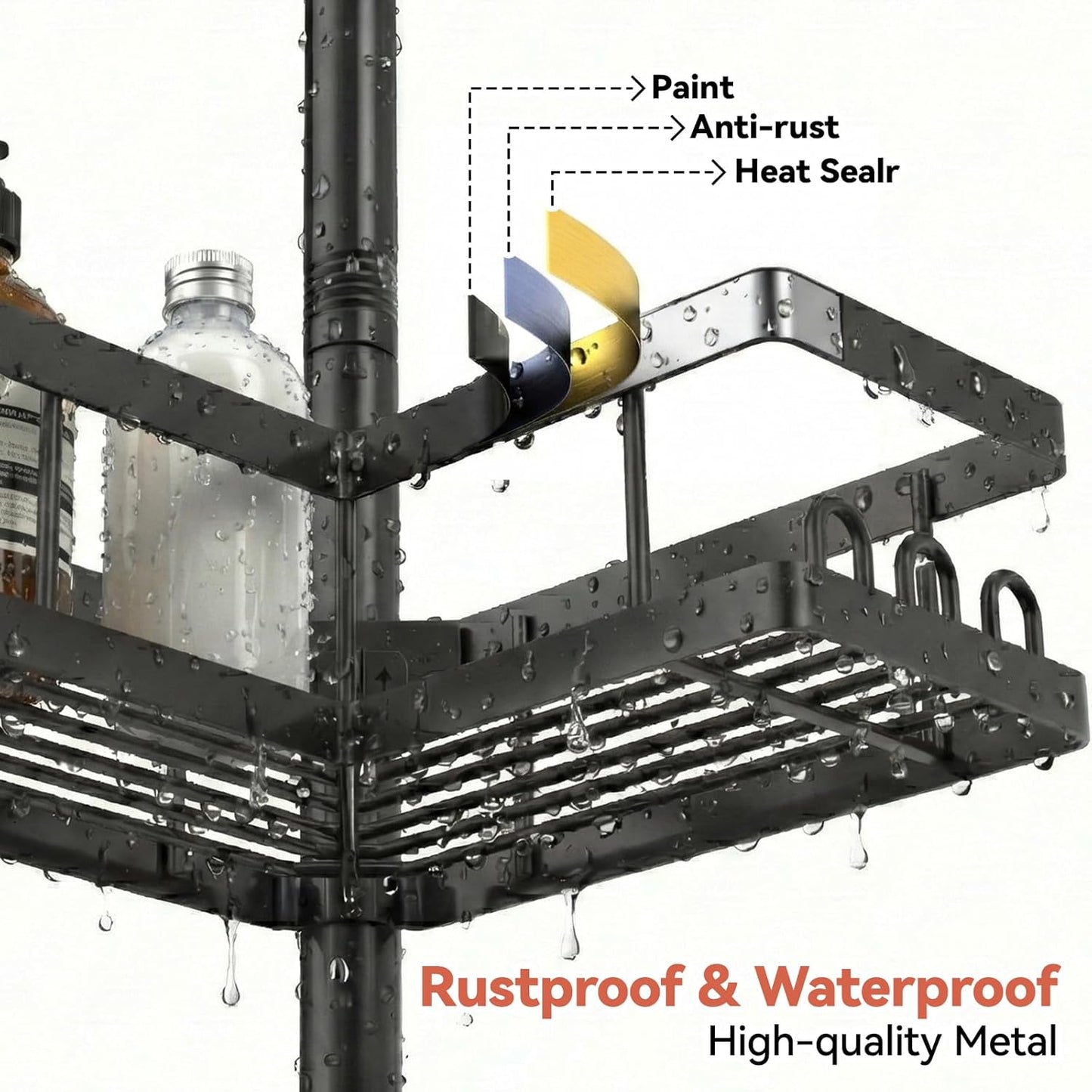 YASONIC Corner Shower Caddy - Adjustable Tension Pole Organizer | Rust-Resistant, No-Drill Installation, Black