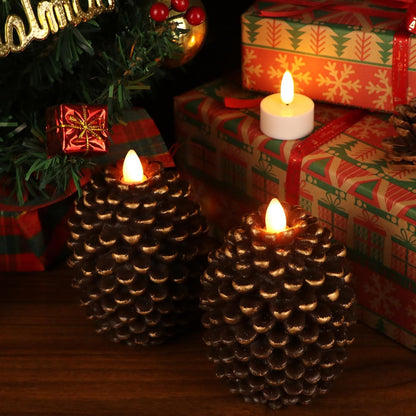 Wondise Flameless Candles - Battery Operated Real Wax Pine Cone Design with Timer | Set of 2, Brown (D3.5 x H4.7 Inch)