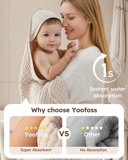 Yoofoss Hooded Baby Towels - 100% Muslin Organic Cotton Bath Towels for Newborns | 32x32 Inch, Soft & Absorbent, Beige & Coffee (2 Pack)