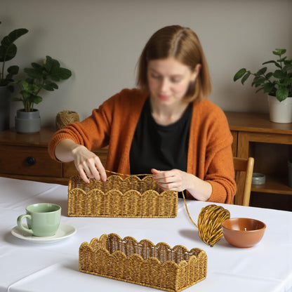 Scalloped Toilet Paper Basket - Handmade Water-Resistant Organizer in Natural Tan for Scandinavian Kitchens
