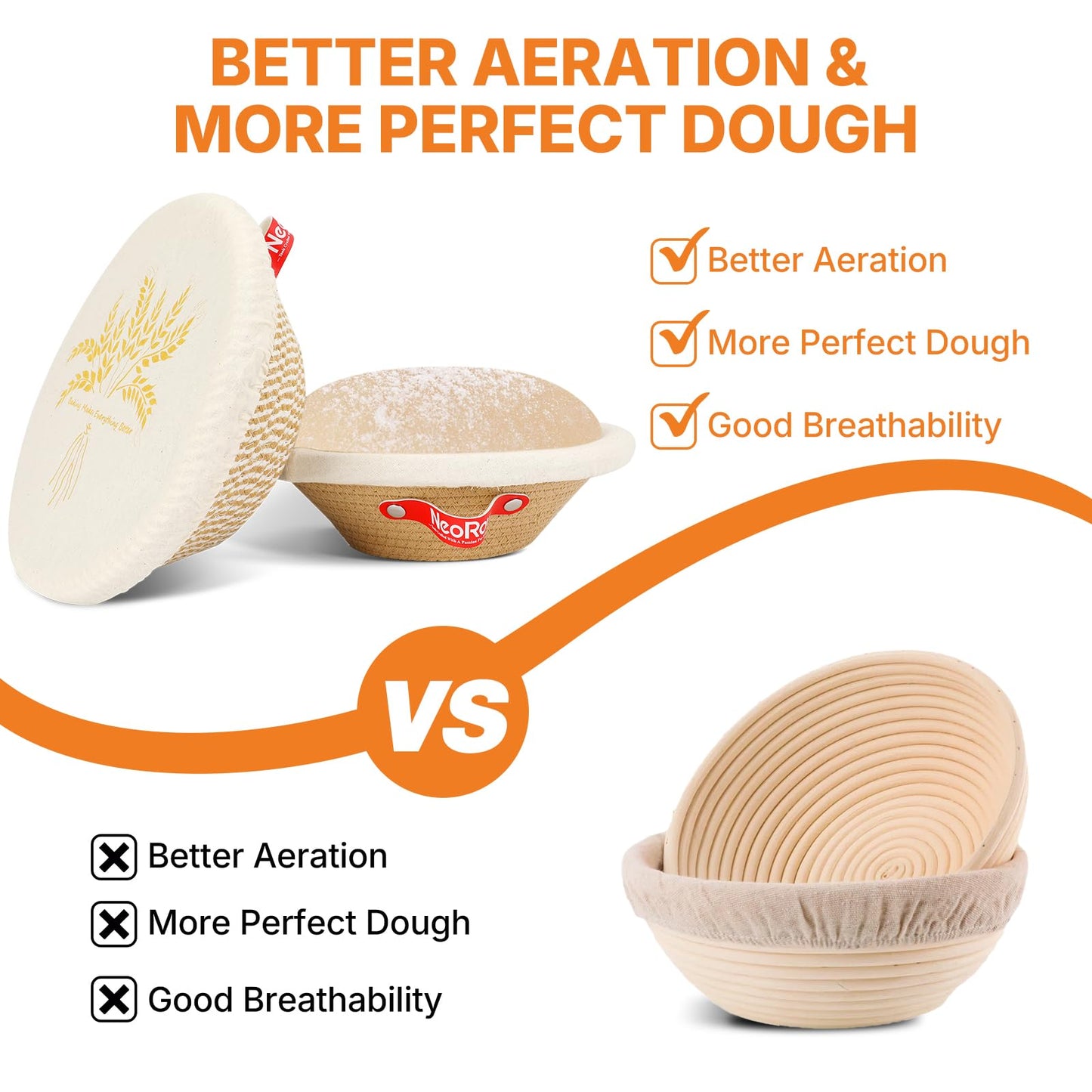 NeoRov Handmade Cotton Rope Banneton Bread Proofing Basket Set - 2X Round Bread Baskets - With Liner & Cloth Cover - For Proofing Sourdough Bread & Bread Storage (Khaki & Khaki Stripes)