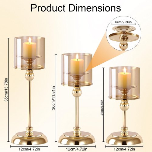 Gold Hurricane Candle Holders - Set of 6 Tall Windproof Taper Holders for Indoor/Outdoor Decor