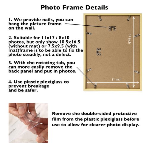 JCJMY 11x17 Picture Frame Gold with 8x10 Mat, Display Photo 8x10 with Mat or 11 x 17 Without Mat, Wall Hanging Large 11x17 Poster Frame with Shatter Resistant Plexiglass, Gold