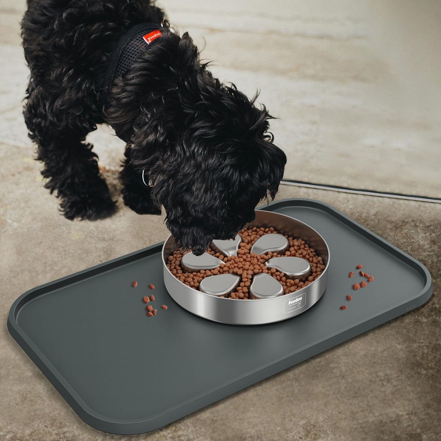 Pet Feeding Mat - Water-Proof Silicone with Raised Edge | Anti-Slip, BPA-Free, 23.5x13.5 Inch, Gray