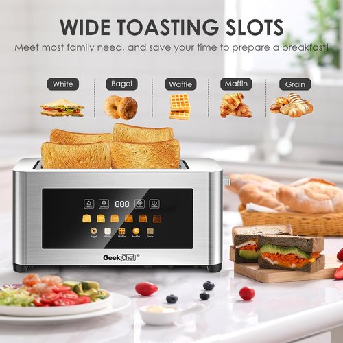 Geek Chef 4-Slice Long Slot Toaster - Extra Wide Slots for Bagels & Waffles, Touch Screen, Stainless Steel
