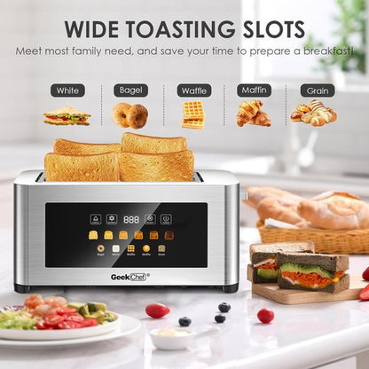 Geek Chef 4-Slice Long Slot Toaster - Extra Wide Slots for Bagels & Waffles, Touch Screen, Stainless Steel
