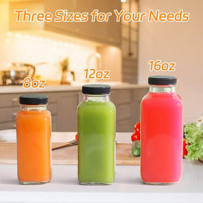Dayify 12 Pack 8oz Glass Juice Bottles with Lids, 250ml Reusable Glass Juicing Bottles, Square Drinking Jars Drink Containers with Caps for Water, Milk, Ginger, Kombucha, Beverages