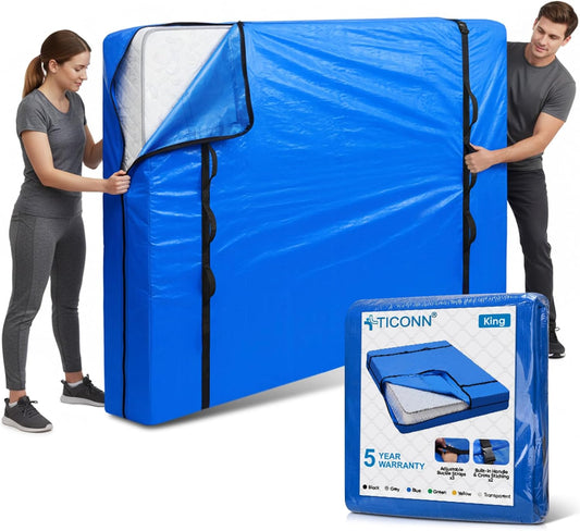 TICONN King Mattress Bag - Heavy Duty Moving Cover with Full-Around Handle & Adjustable Buckles | Blue