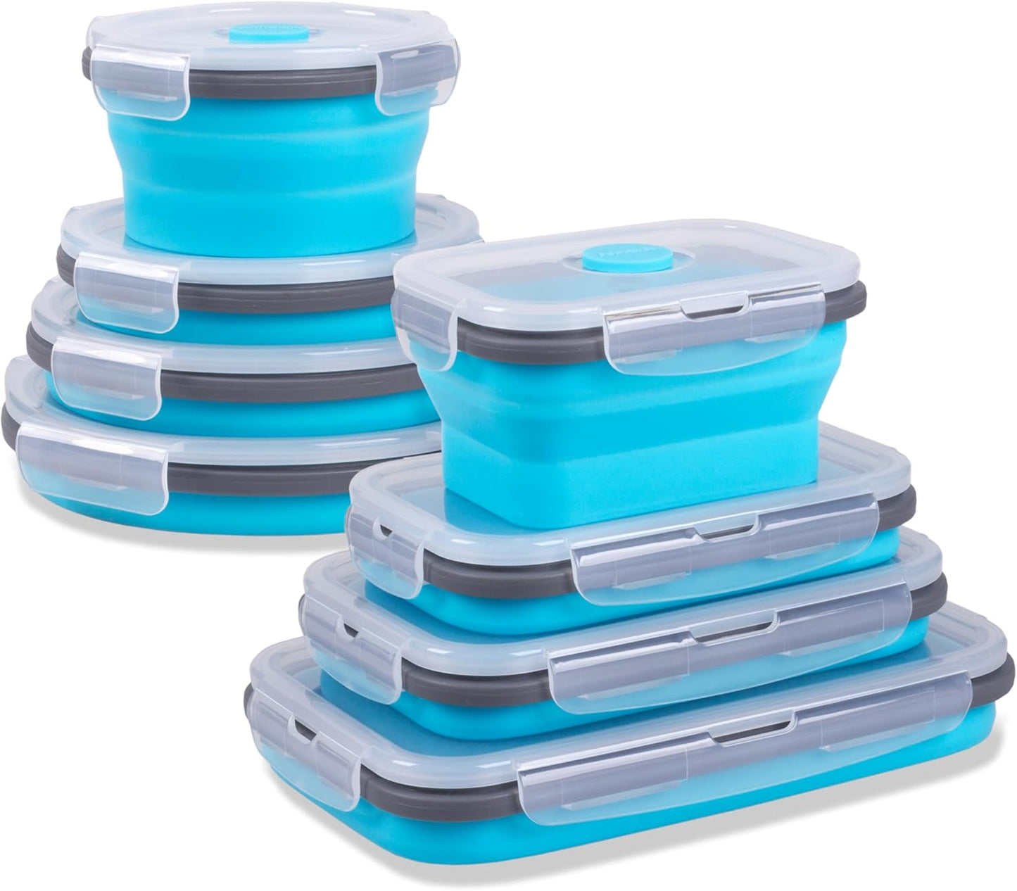 Skiennix Collapsible Food Storage Containers - 8 Pack Silicone Set for Snacks | Microwave & Dishwasher Safe, Blue