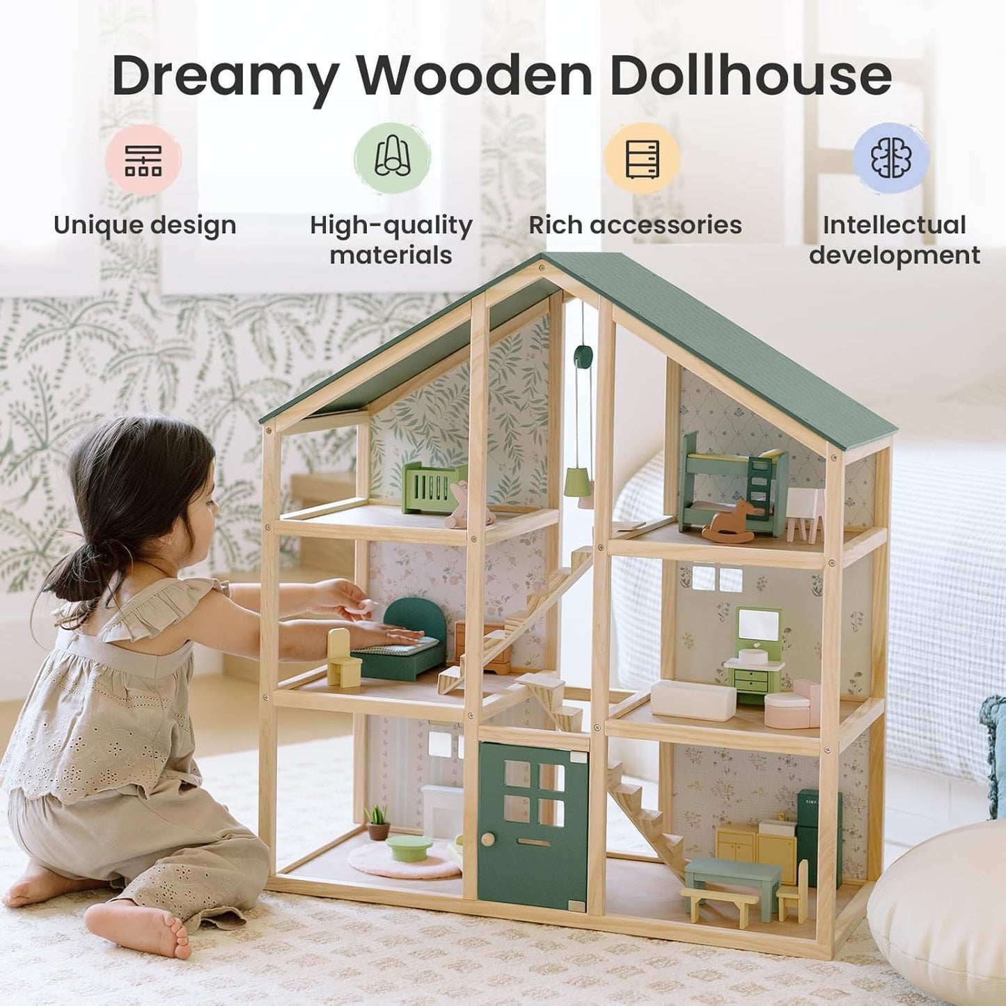 Tiny Land Wooden Dollhouse - 6 Rooms DIY Pretend Play House with 31 Furniture Pieces | Green Gift for Girls Ages 3+