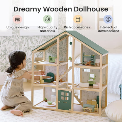 Tiny Land Wooden Dollhouse - 6 Rooms DIY Pretend Play House with 31 Furniture Pieces | Green Gift for Girls Ages 3+