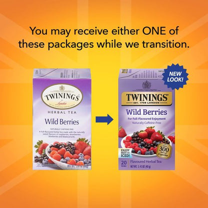 Twinings Wild Berries Tea - Naturally Caffeine-Free Herbal Infusion Bursting with Fresh and Uplifting Berry Flavours, Individually Wrapped Tea Bags, 20 Count (Pack of 2)