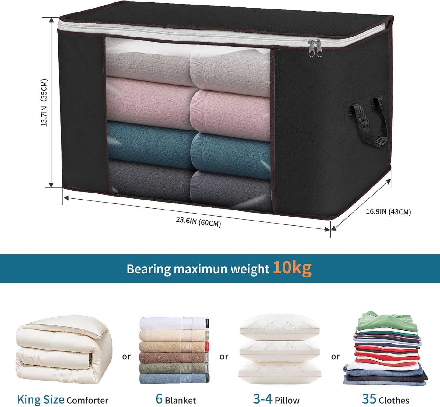 Skiennix Large Storage Bags - 8 Pack Foldable Closet Organizers with Durable Handles | 90L Black