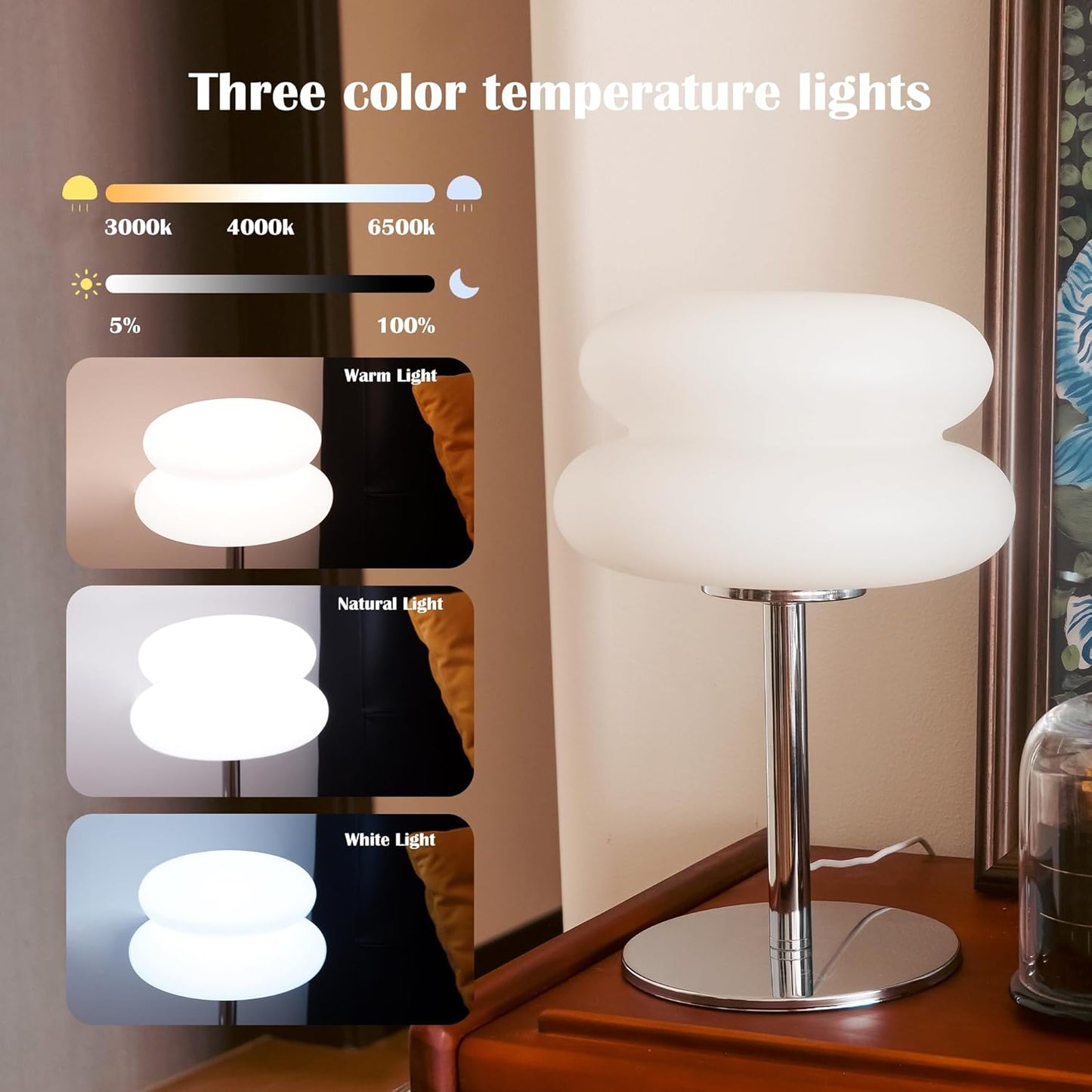 Skiennix White Mushroom Lamp - Dimmable Mid Century Modern Bedside Light for Home Decor | Cute Ambient Lighting