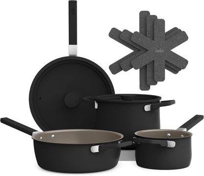 Bella 9-Piece Ceramic Nonstick Cookware Set - Dishwasher & Oven Safe | Stackable Design, Cool Touch Handles, Black