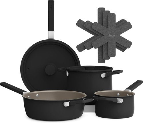 Bella 9-Piece Ceramic Nonstick Cookware Set - Dishwasher & Oven Safe | Stackable Design, Cool Touch Handles, Black