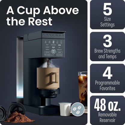 Chefman Caffeinator Single Serve Coffee Maker - Brew K-Cups & Grounds, Iced Coffee Function, 48 oz Reservoir