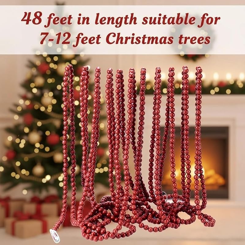 48ft Dark Red Christmas Bead Garland with Hemp Rope - Pre-Strung for Mantles & Trees (Variation: Dark Red)