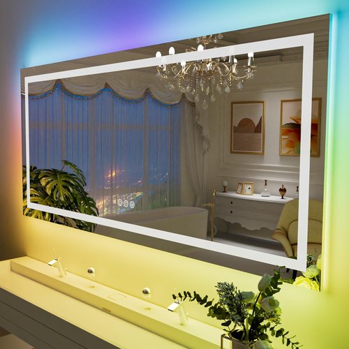 LOAAO RGB LED Bathroom Mirror - 55”x36” Large Anti-Fog & Dimmable Smart Vanity Mirror with Multiple Light Modes & Memory Function