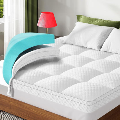 Skiennix Dual Layer Memory Foam Mattress Topper - 3 Inch Queen Size with Cooling Gel & Pillow Top