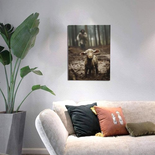 FOSMXA Jesus and Lamb Canvas Wall Art - Inspirational Christian Decor for Bedroom & Living Room | 12x16 Inch