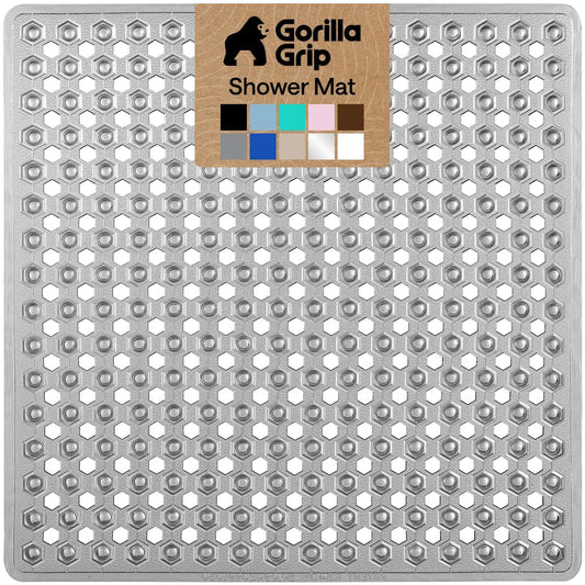 GORILLA GRIP Patented Square Shower Stall Mat, Small Bathtub Floor Mats for Stand Up Showers with Suction Cups and Drainage Holes, Machine Washable, Soft on Feet, Bathroom Accessories 21x21 Inch, Gray