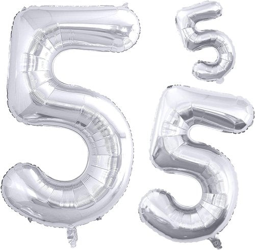 GOER Silver Foil Number 5 Balloons - Huge 42 Inch, 32 Inch, 16 Inch for 5th & 55th Birthday Party Decor