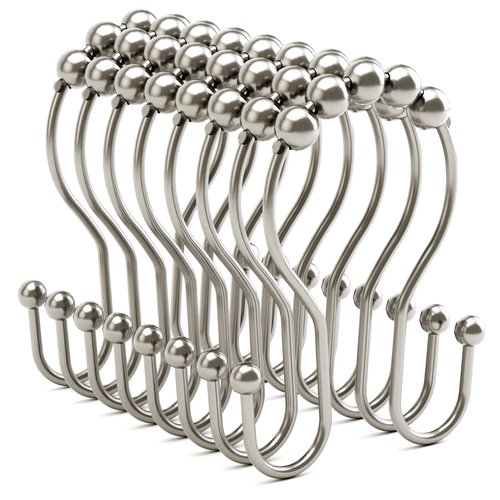 Shower Curtain Hooks Brushed Nickel Shower Curtain Rings Rust Proof, Bathway Balanced Smooth Glide Double Shower Curtain Hooks, Sturdy Shower Hooks for Shower Curtain 12 Pcs Shower Rod Hooks