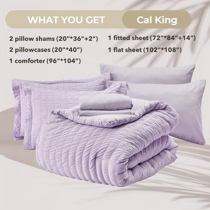 HYMOKEGE Lavender California King Comforter Set Seersucker 7 Pieces, All Season Luxury Bed in a Bag for Bedroom, Bedding Set with Comforters, Sheets, Pillowcases & Shams