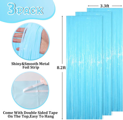 Voircoloria Pastel Blue Foil Fringe Backdrop Curtains - 3 Pack Tinsel Streamers for Parties & Events
