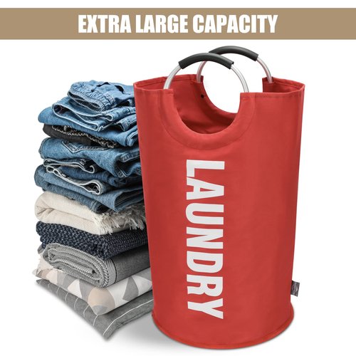DOKEHOM 95L Large Laundry Basket, Collapsible Laundry Bag, Freestanding Tall Clothes Hamper, Foldable Washing Bin (Red)