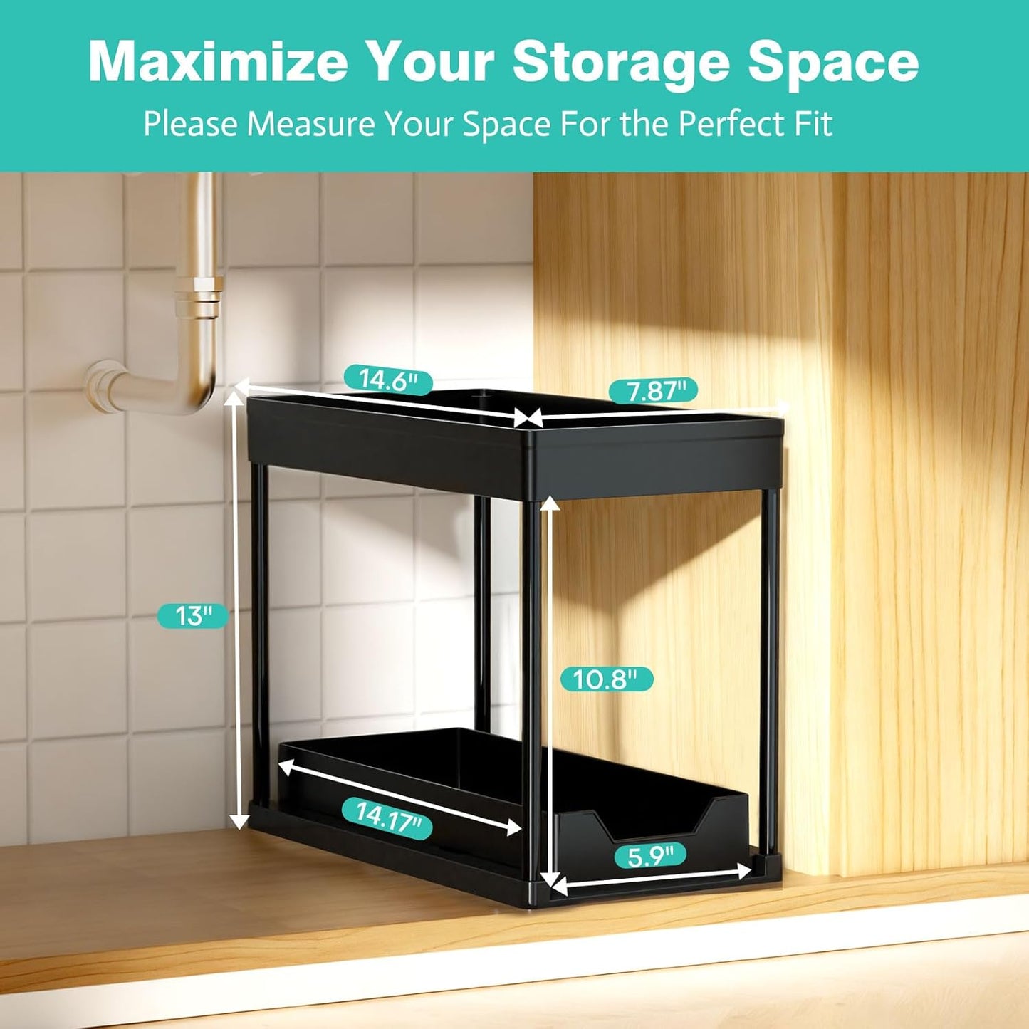 Under Sink Organizers by [Brand Name] - 2 Pack Pull-Out Sliding Cabinet Organizer with 2-Tier Storage Shelf & 4 Hooks | Multi-Purpose for Kitchen & Bathroom (13 Inch, Black)