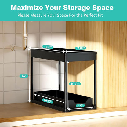 Under Sink Organizers by [Brand Name] - 2 Pack Pull-Out Sliding Cabinet Organizer with 2-Tier Storage Shelf & 4 Hooks | Multi-Purpose for Kitchen & Bathroom (13 Inch, Black)