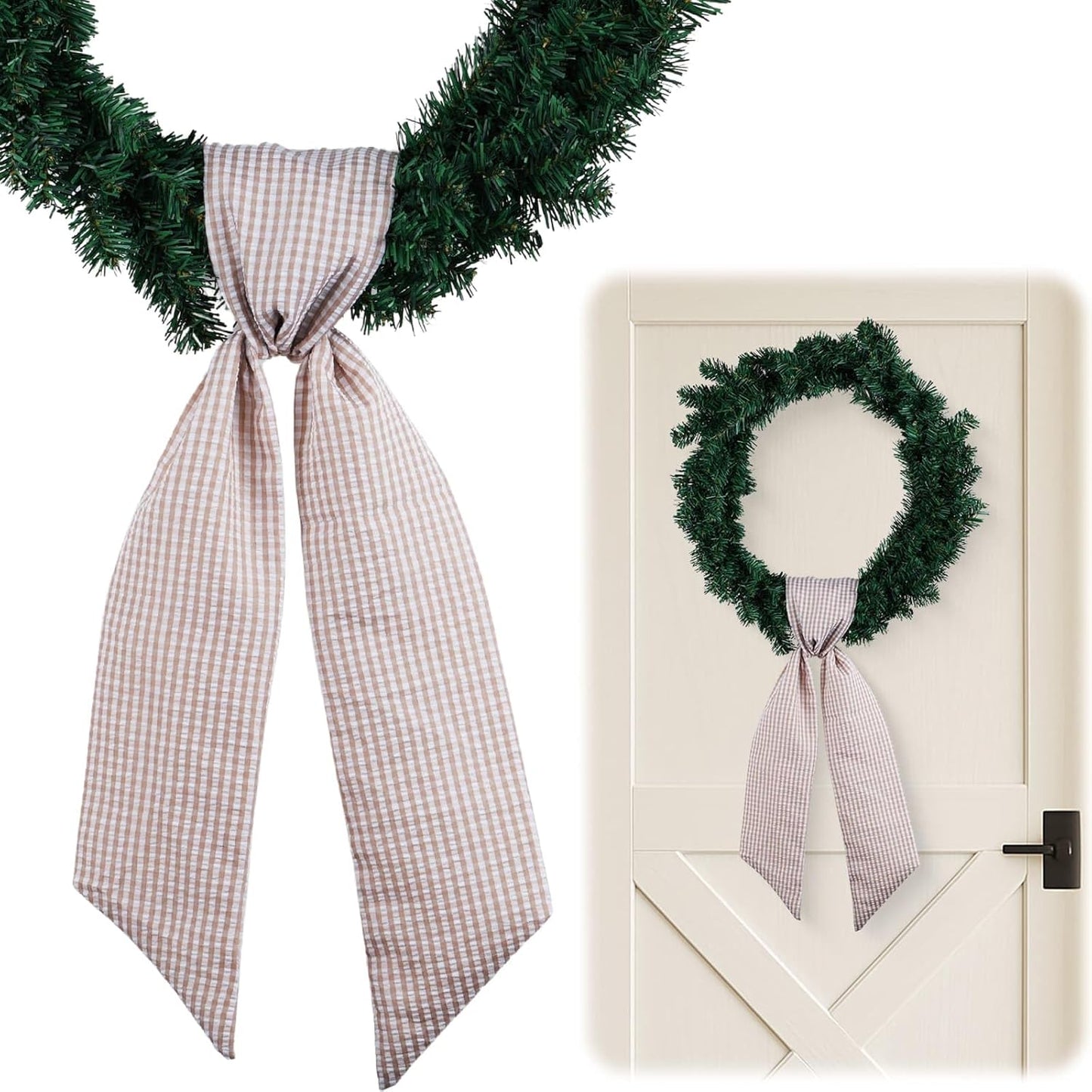 Regine Switzerland Beige White Gingham Wreath Sash - 5.12" Wide x 54.33" for Fall & Thanksgiving Decor
