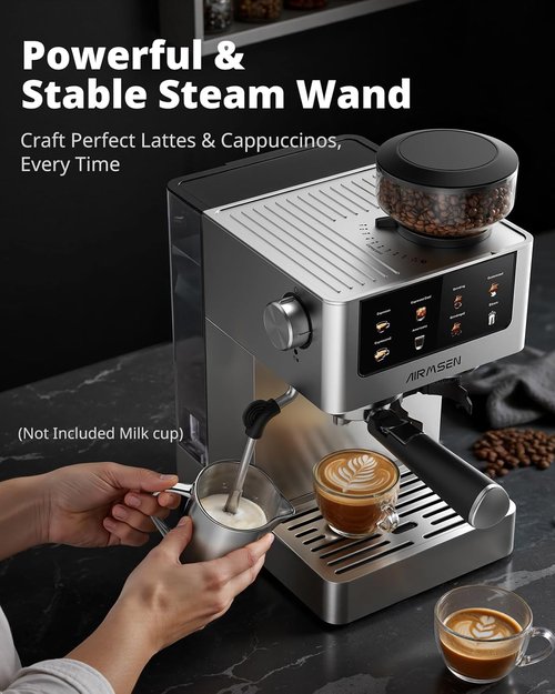 AIRMSEN Espresso Machine - 20 Bar Pressure with Burr Grinder & Milk Frother | Stainless Steel Coffee Maker for Home