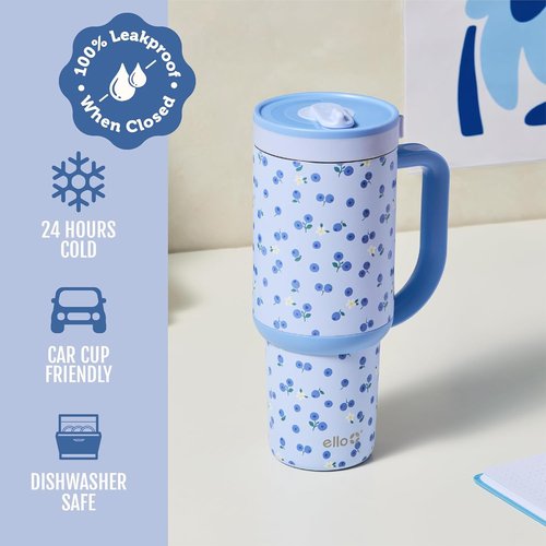 Ello Oasis 40oz Stainless Steel Tumbler - Insulated Design for Hot & Cold Beverages - Blueberries